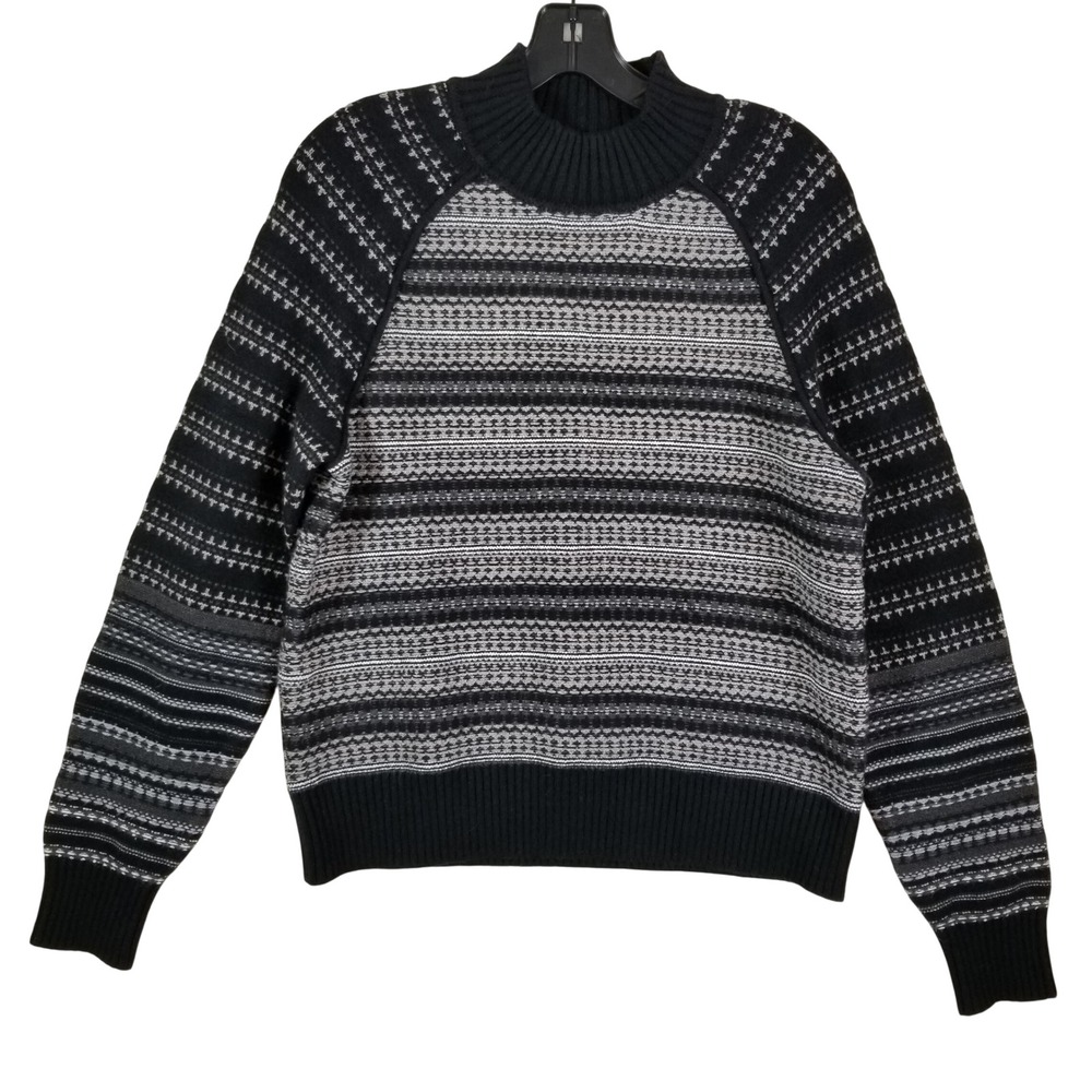 Evereve Womens Black Gray Fair Isle Mock Neck Raglan Pullover Sweater Size Small